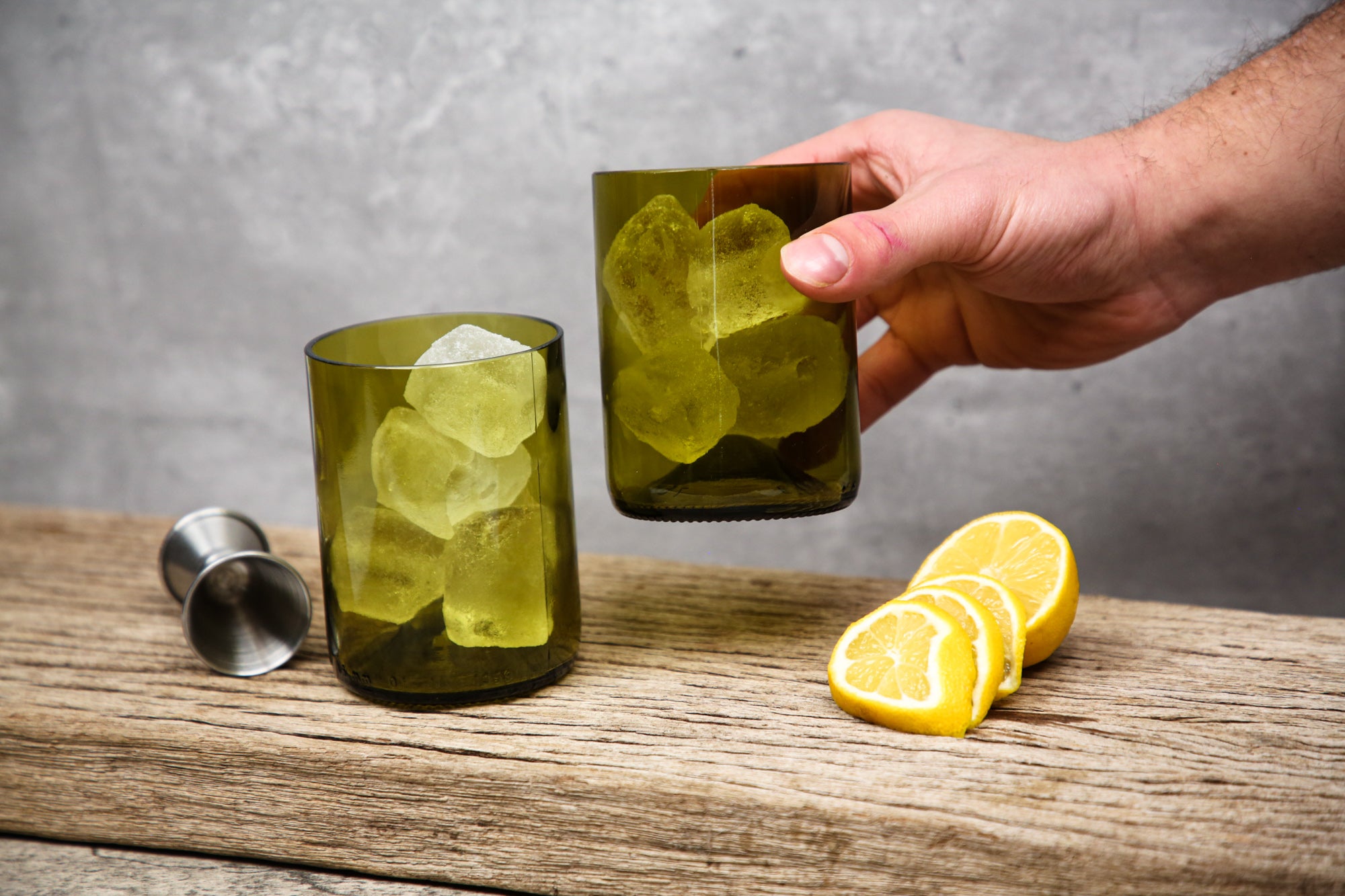 Set of Four Yellow Olive Upcycled Glass Tumblers