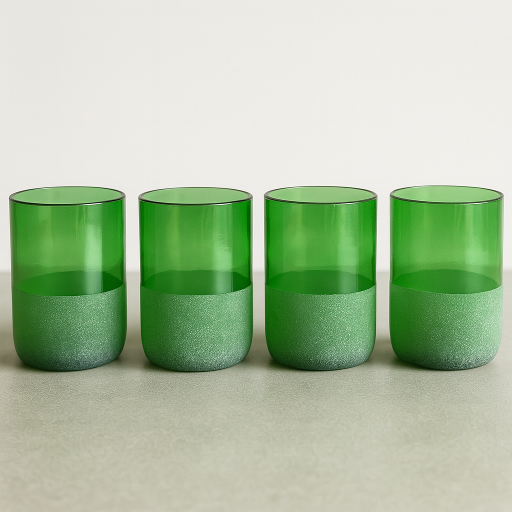 green half frosted tumblers made from waste wine bottles