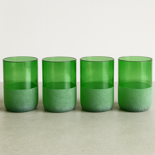 green half frosted tumblers made from waste wine bottles
