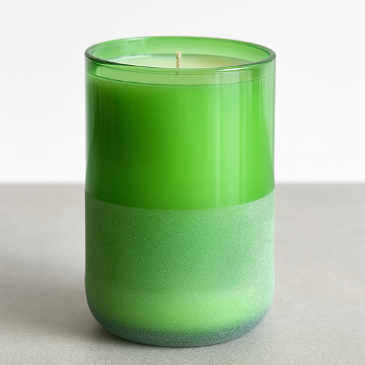 half frosted green candle made from upcycled wine bottle